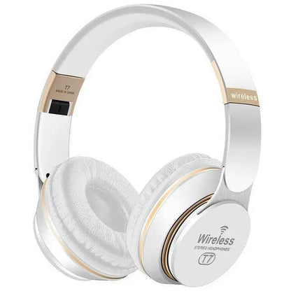 Stevvex wireless headphones white with gold trim foldable over-ear Bluetooth headset with mic on Tampa Home & Garden Store