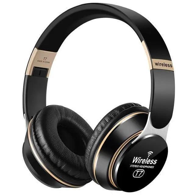 Stevvex wireless over-ear headphones with black and gold finish, foldable design, with mic on Tampa Home & Garden Store