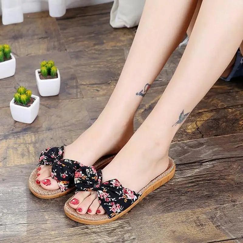 Casual women's cotton slippers with floral black fabric knot bow, open-toe, soft EVA sole on Tampa Home & Garden Store