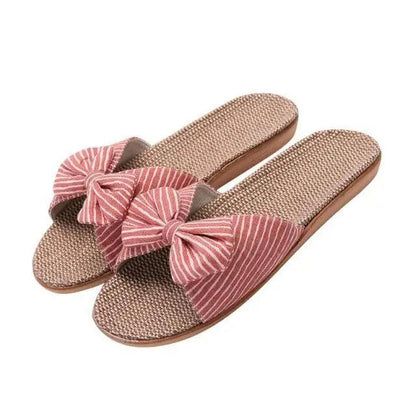 Stevvex women's cotton slippers with pink striped bow, woven textured footbed and EVA sole on Tampa Home & Garden Store