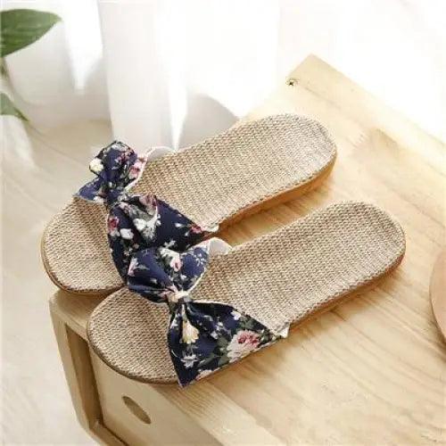 Stevvex casual women's cotton slippers with floral navy bow strap and soft EVA sole on Tampa Home & Garden Store