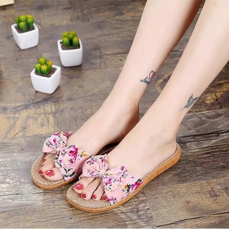 Casual women's cotton slippers Stevvex, pink floral bow-strap open-toe slides with EVA sole on Tampa Home & Garden Store