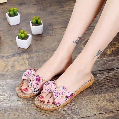 Casual women's cotton slippers Stevvex, pink floral bow-strap open-toe slides with EVA sole on Tampa Home & Garden Store