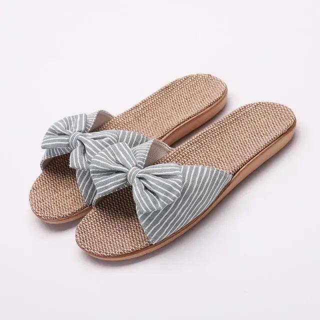 Casual women's cotton slippers with soft Eva sole, gray striped bow, tan footbed, Stevvex on Tampa Home & Garden Store