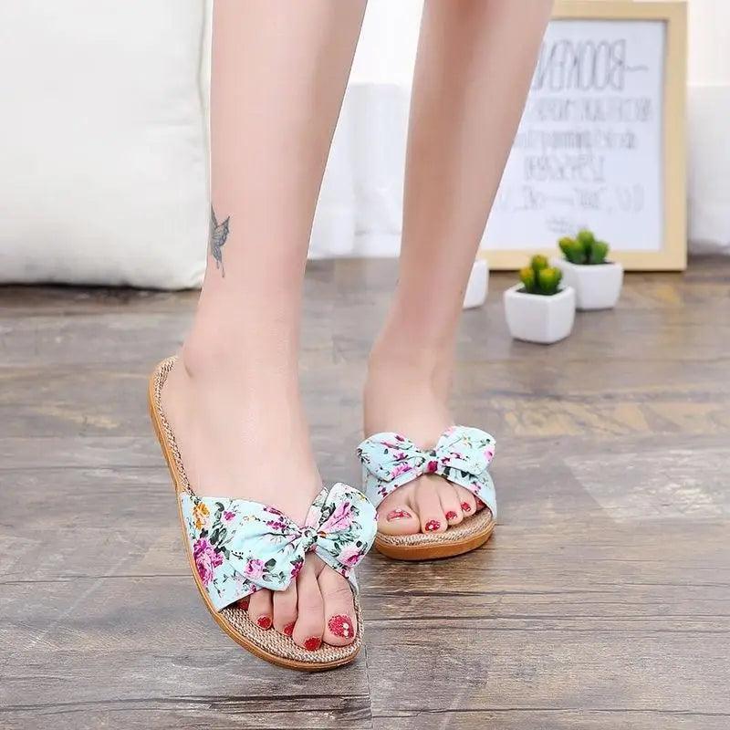 Casual women's cotton slippers with floral bow, open-toe EVA sole, Stevvex ST65623HLI on Tampa Home & Garden Store