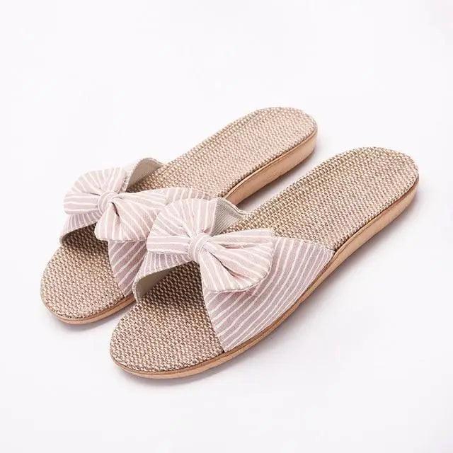 Casual women's cotton slippers with soft EVA sole, beige woven footbed and striped bow Stevvex on Tampa Home & Garden Store