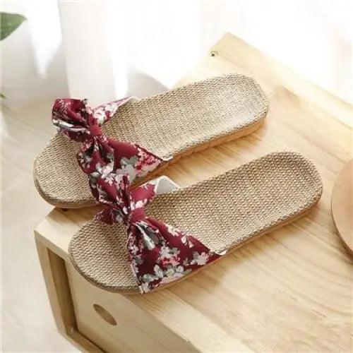 Casual women's cotton slippers with burgundy floral bow, beige woven EVA sole, Stevvex pair on Tampa Home & Garden Store