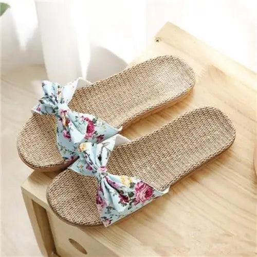 Casual women's cotton slippers with floral knotted blue strap on woven EVA sole Stevvex pair on Tampa Home & Garden Store