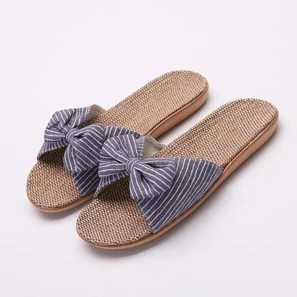 Casual Women's Cotton Slippers with blue striped bow and woven footbed, soft Eva sole on Tampa Home & Garden Store