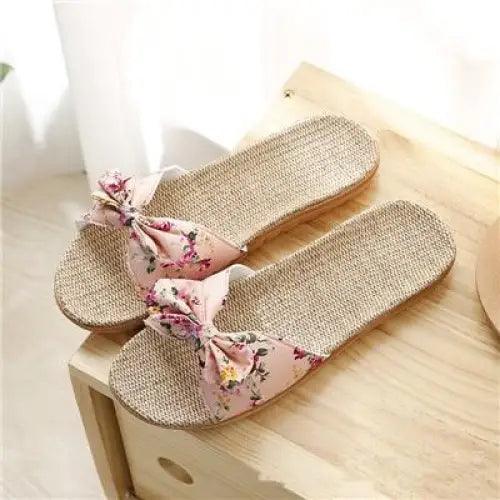 Casual women's cotton slippers with soft EVA sole, beige woven footbed and pink floral strap by Stevvex on Tampa Home & Garden Store