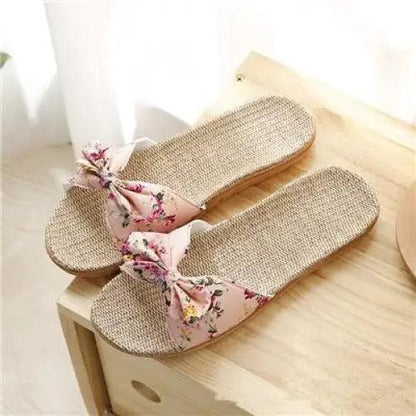 Casual women's cotton slippers with soft EVA sole, beige woven footbed and pink floral strap by Stevvex on Tampa Home & Garden Store