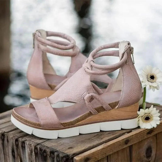 Stevvex women's pink suede zipper sandals with ankle wrap straps and white wedge sole on Tampa Home & Garden Store