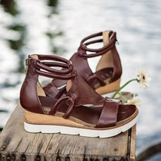 Stevvex brown leather women zipper sandals with strappy upper and white platform sole on Tampa Home & Garden Store