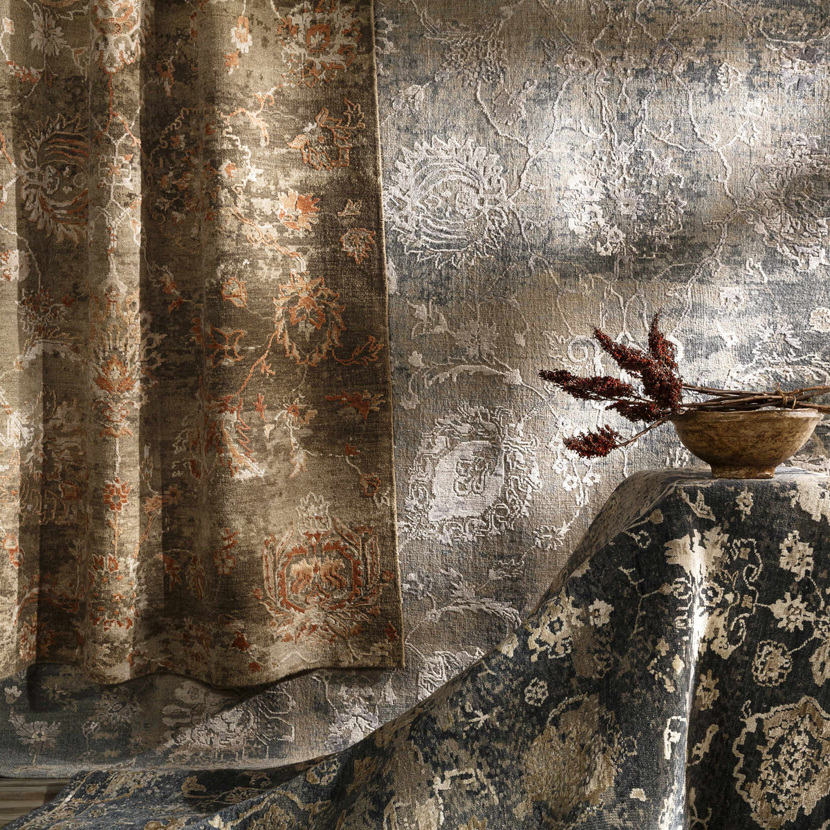 Cutlerville Handmade Wool Area Rug by Boutique Rugs in brown gray vintage floral pattern on Tampa Home & Garden Store