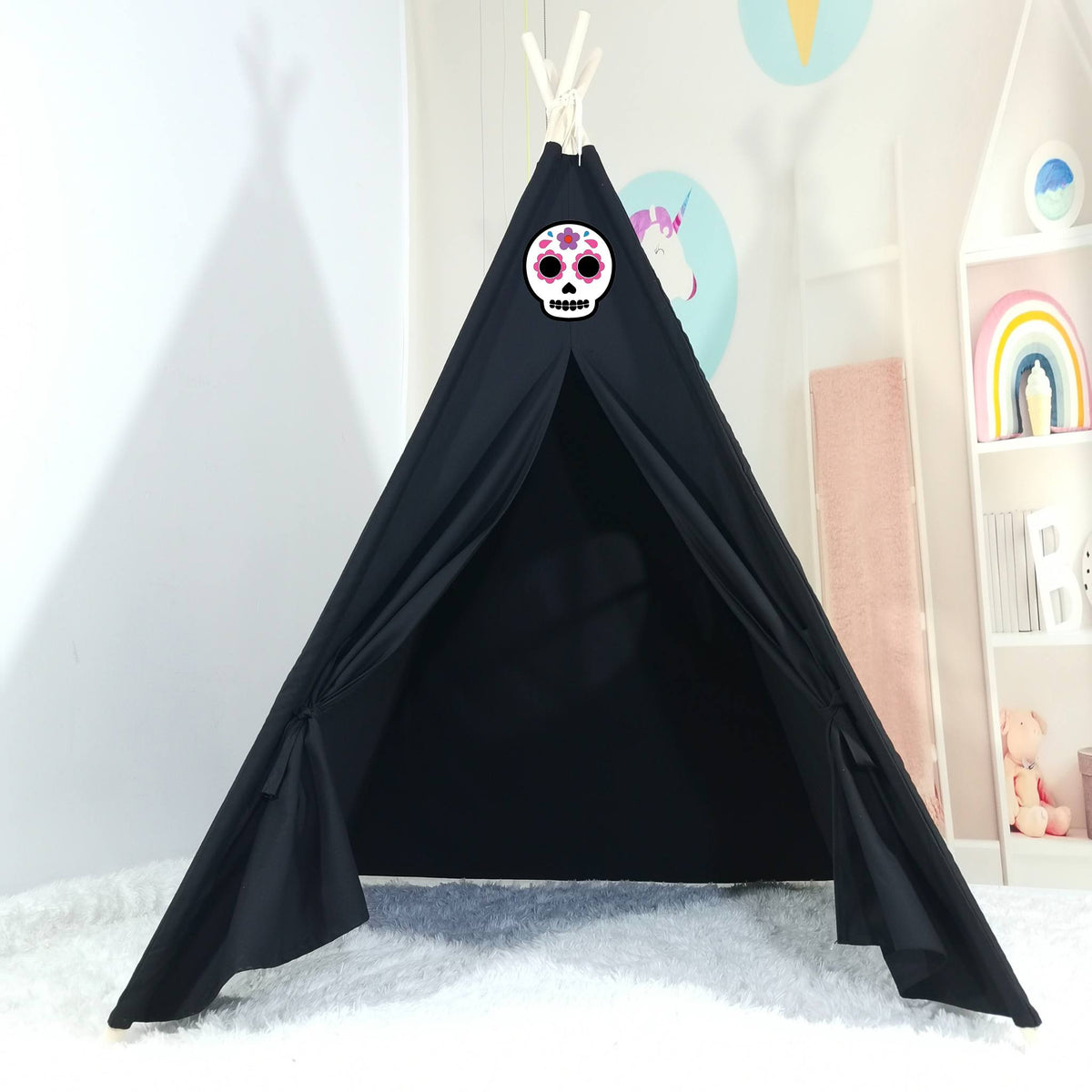 Sugar Skull Party decor teepee kit: black fabric tent with pink floral skull sticker on Tampa Home & Garden Store
