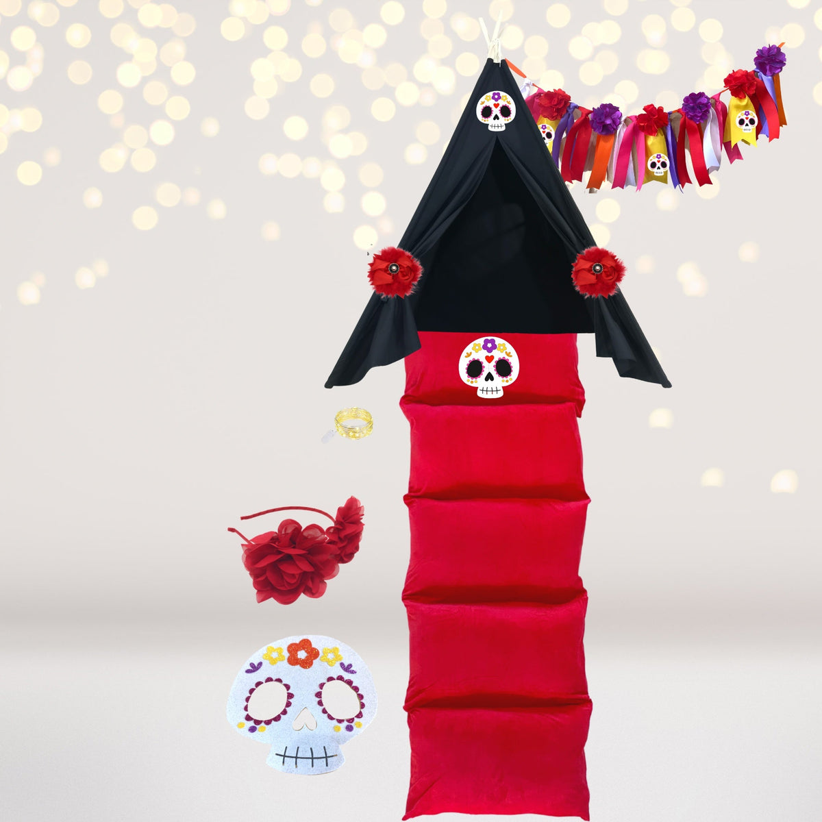 Sugar Skull Play Set for pretend play, black fabric tent with skull decal and banner on Tampa Home & Garden Store