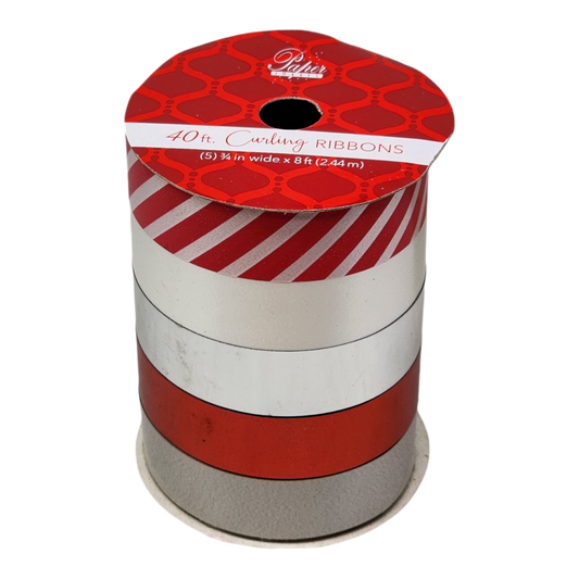 3/4 Inch Curling Ribbon - 5 Colors - 8 Feet Each - Grey/Red/Silver/White/Red Stripe - Tampa Home & Garden Store
