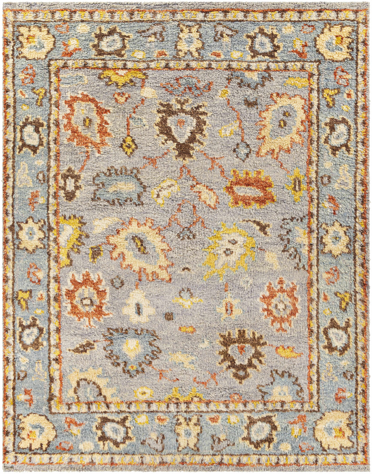 Suisun Premium Rug by Boutique Rugs, blue-gray oriental rug with yellow and orange floral motifs on Tampa Home & Garden Store