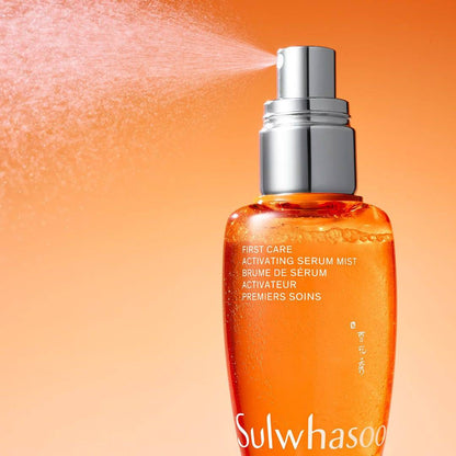 Sulwhasoo First Care Activating Serum Mist bottle with orange liquid and silver pump on Tampa Home & Garden Store