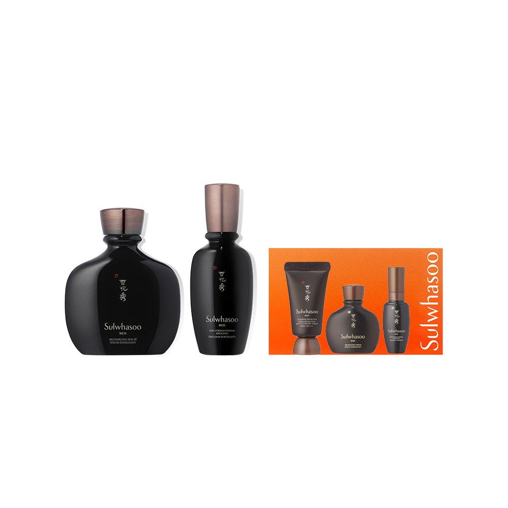 Sulwhasoo Men Basic Set Recharging Serum 140ml+Strengthening Emulsion 90ml in two black bottles on Tampa Home & Garden Store