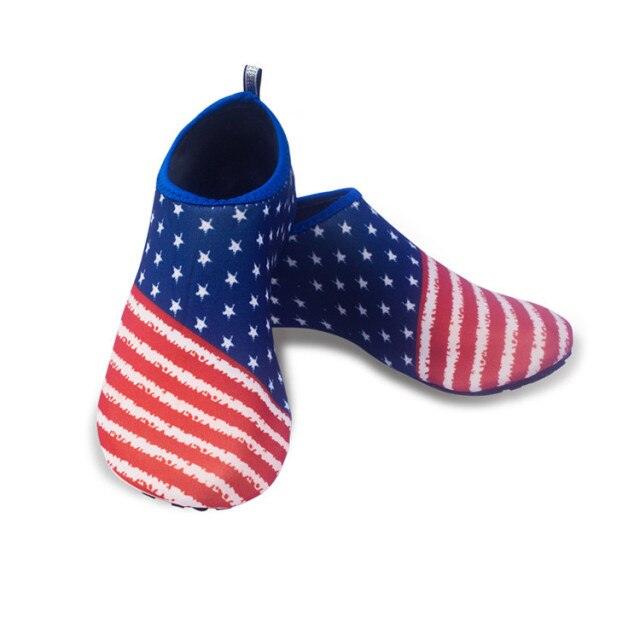 Stevvex water shoes pair with American flag pattern, red stripes, quick-dry aqua socks on Tampa Home & Garden Store