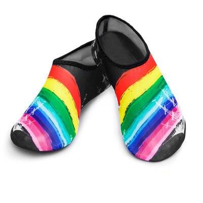Rainbow water shoes pair with black toe caps and sole, quick-drying aqua socks on Tampa Home & Garden Store