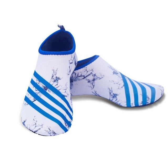 Stevvex water shoes aqua socks with blue stripes and marble print, pair slippers on Tampa Home & Garden Store