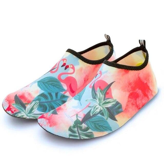 Stevvex water shoes aqua socks with tropical flamingo print in pink-orange watercolor on Tampa Home & Garden Store