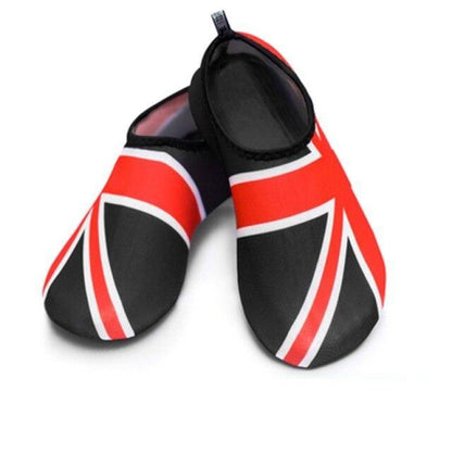 Stevvex water shoes pair Union Jack pattern red black white slip-ons quick-drying aqua socks on Tampa Home & Garden Store