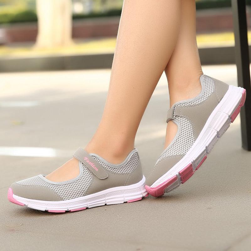 Stevvex breathable mesh espadrille sneakers, gray with pink outsole accents, pair on Tampa Home & Garden Store