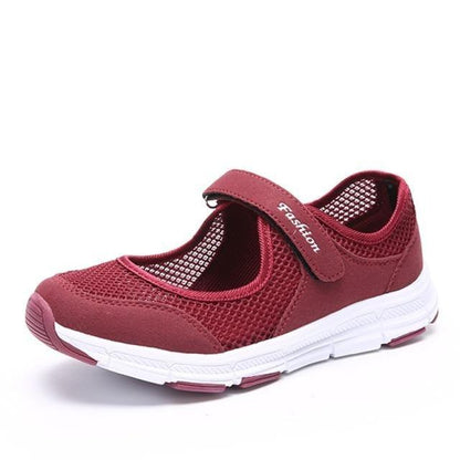 Stevvex women's breathable mesh sneakers maroon upper with Velcro strap white sole Store on Tampa Home & Garden Store