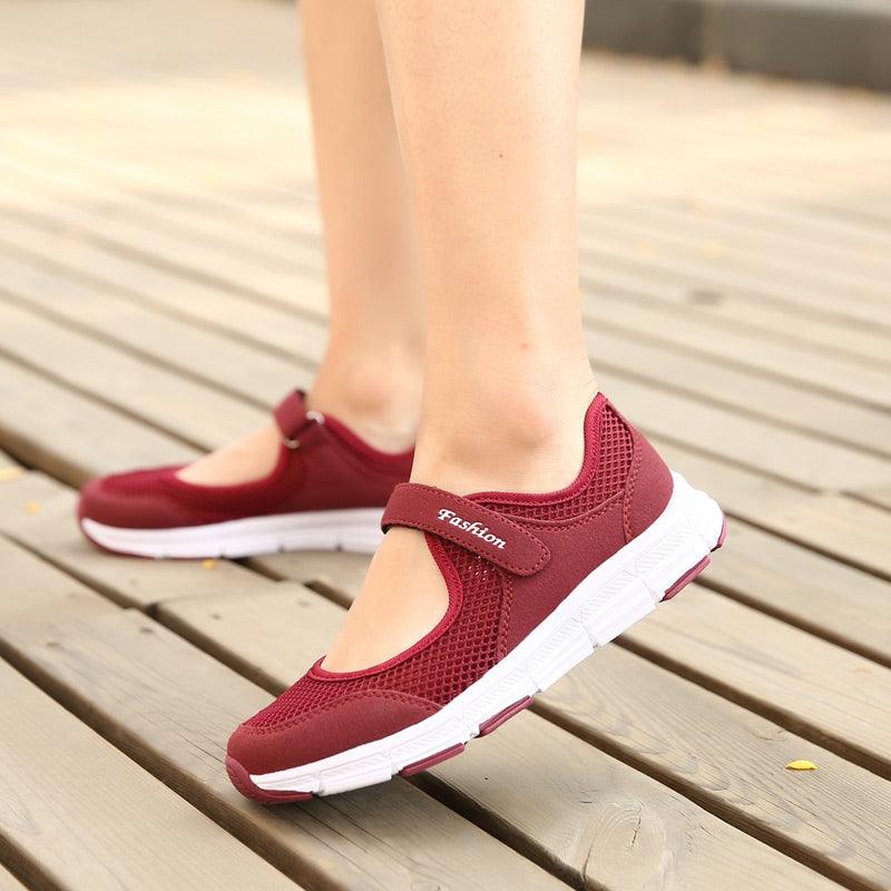 Stevvex womens breathable mesh sneakers in maroon with white sole and Velcro strap fashion on Tampa Home & Garden Store