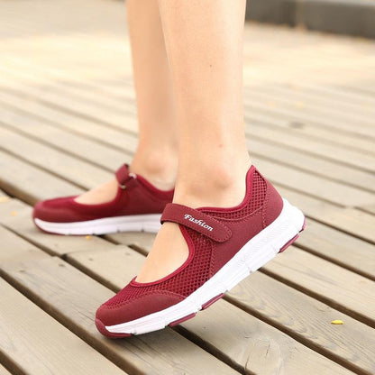 Stevvex womens breathable mesh sneakers in maroon with white sole and Velcro strap fashion on Tampa Home & Garden Store