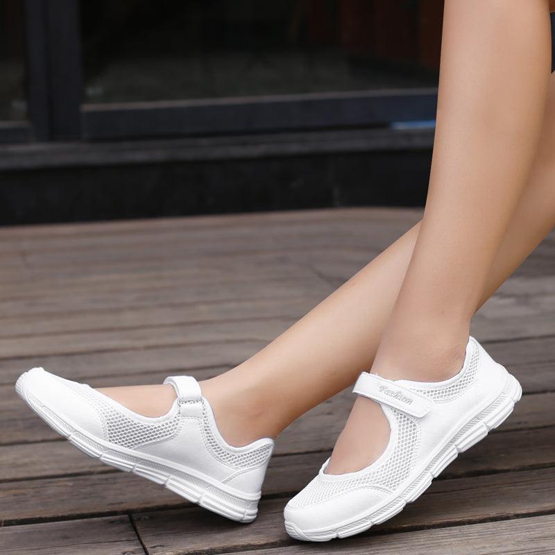 Stevvex white mesh espadrille sneakers for women, breathable casual flats with strap on Tampa Home & Garden Store
