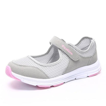 Stevvex women's breathable mesh sneakers with gray suede overlays and pink outsole accents on Tampa Home & Garden Store