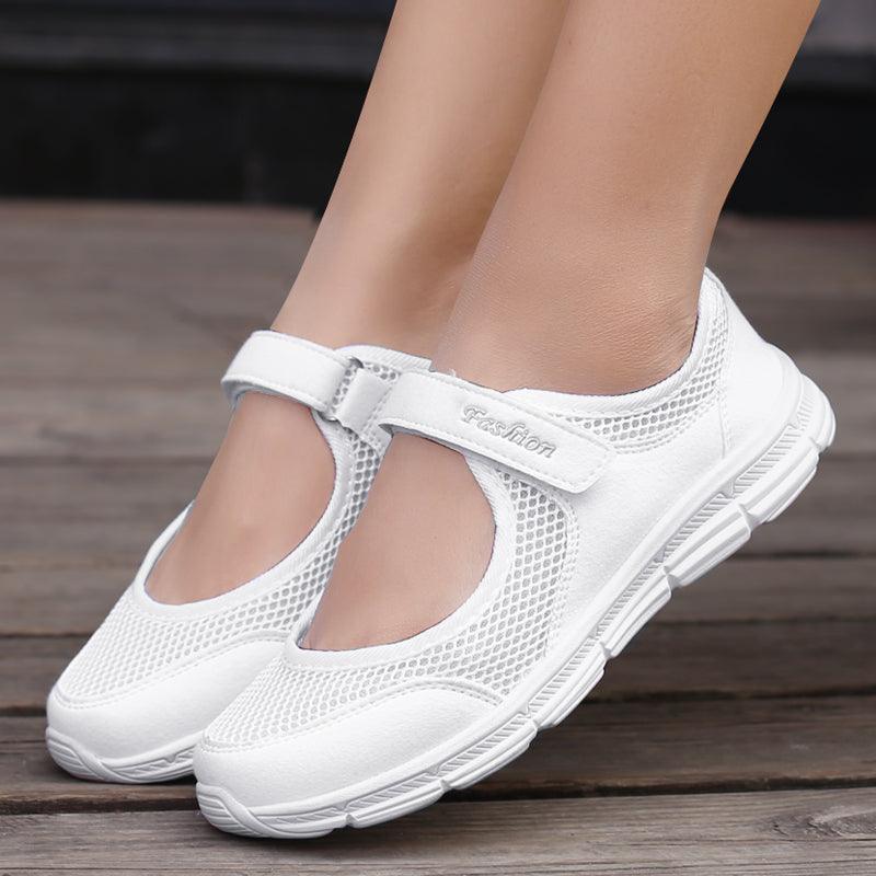 Women's breathable mesh espadrille sneakers with Velcro strap in white by Stevvex on Tampa Home & Garden Store