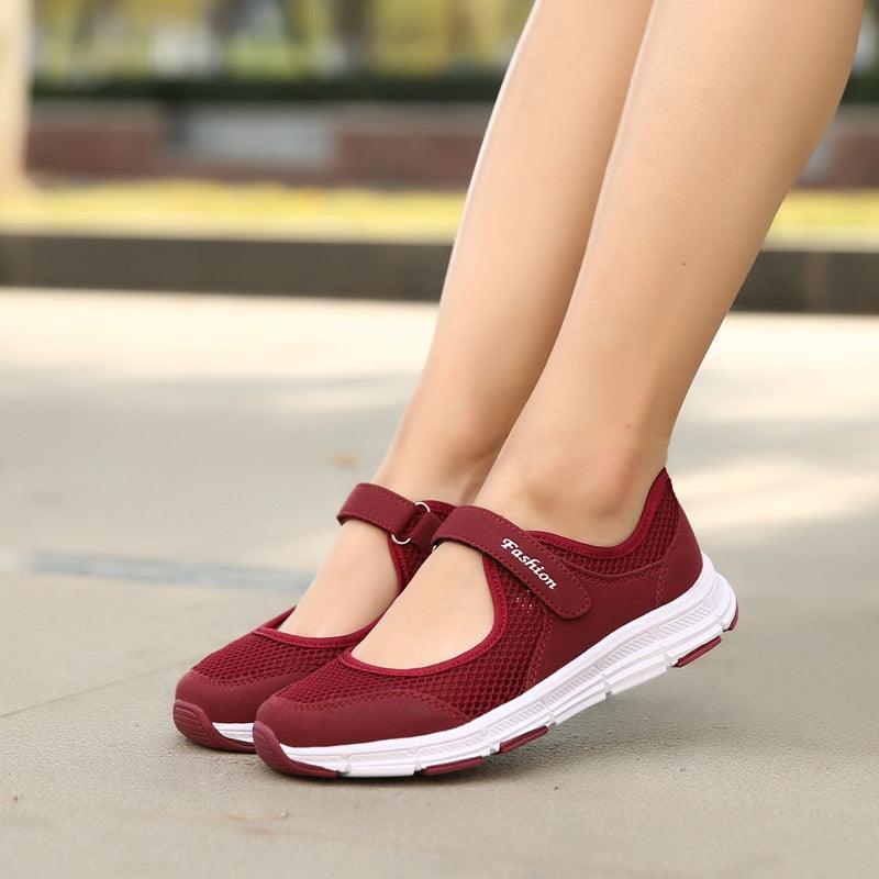 Stevvex women's breathable mesh sneakers with Velcro straps, burgundy pair, white sole on Tampa Home & Garden Store