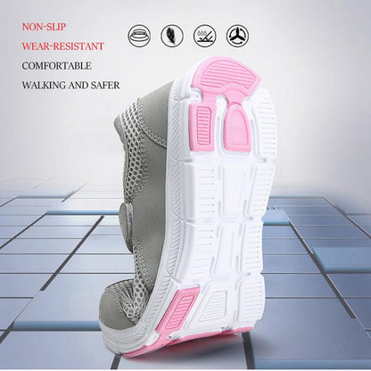 Stevvex women's breathable sneakers grey mesh upper and pink outsole accents bottom view on Tampa Home & Garden Store