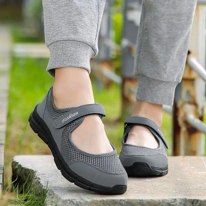 Stevvex ST14578QRG women's breathable mesh sneakers gray pair with Velcro straps on Tampa Home & Garden Store