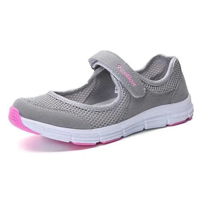 Stevvex women's sneakers gray breathable mesh upper with pink accents and hook-and-loop strap on Tampa Home & Garden Store