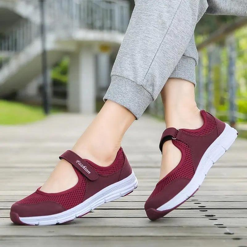 Summer Breathable Women Sneakers Stevvex ST14578QRG burgundy mesh with Velcro strap pair on Tampa Home & Garden Store