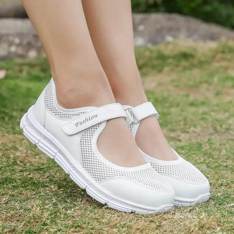 Stevvex women's white breathable mesh sneakers with Velcro strap, sporty fashion footwear on Tampa Home & Garden Store