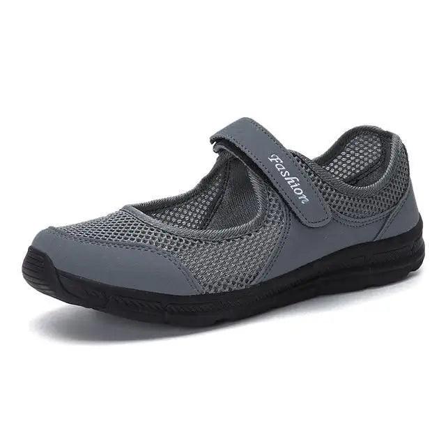 Stevvex women's sneakers with gray mesh upper and Velcro strap on Tampa Home & Garden Store
