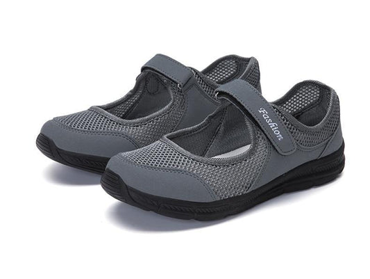 Women breathable mesh casual walking sneakers Stevvex, gray mesh upper with Velcro strap, pair on Tampa Home & Garden Store