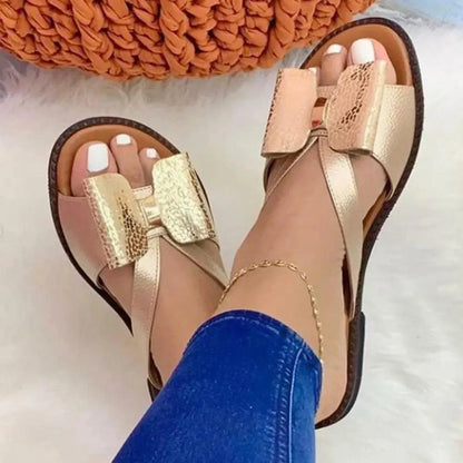 Stevvex Summer Butterfly women’s sandals with beige-gold metallic bows, flat casual comfort on Tampa Home & Garden Store