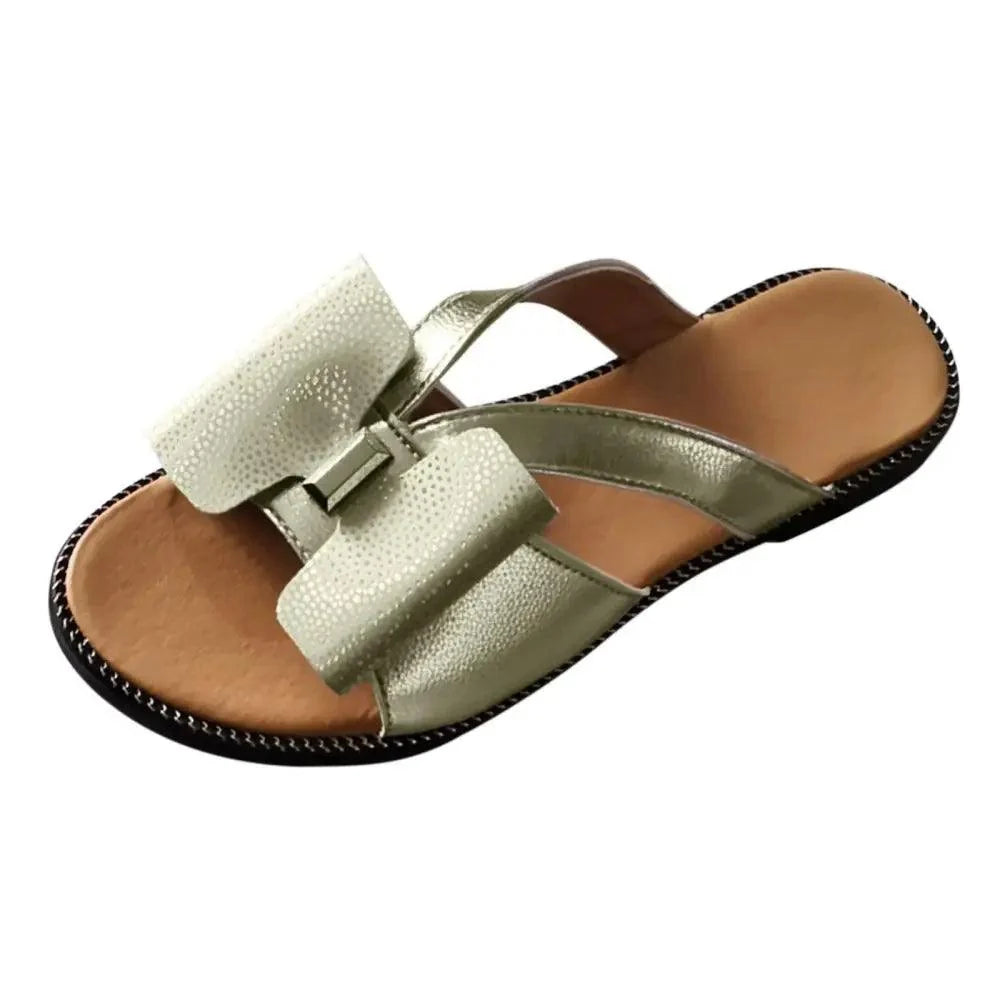 Butterfly sandal by Stevvex in gold metallic with bow strap, flat casual slide on Tampa Home & Garden Store