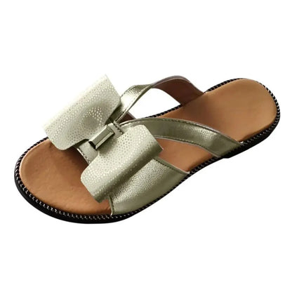 Butterfly sandal by Stevvex in gold metallic with bow strap, flat casual slide on Tampa Home & Garden Store