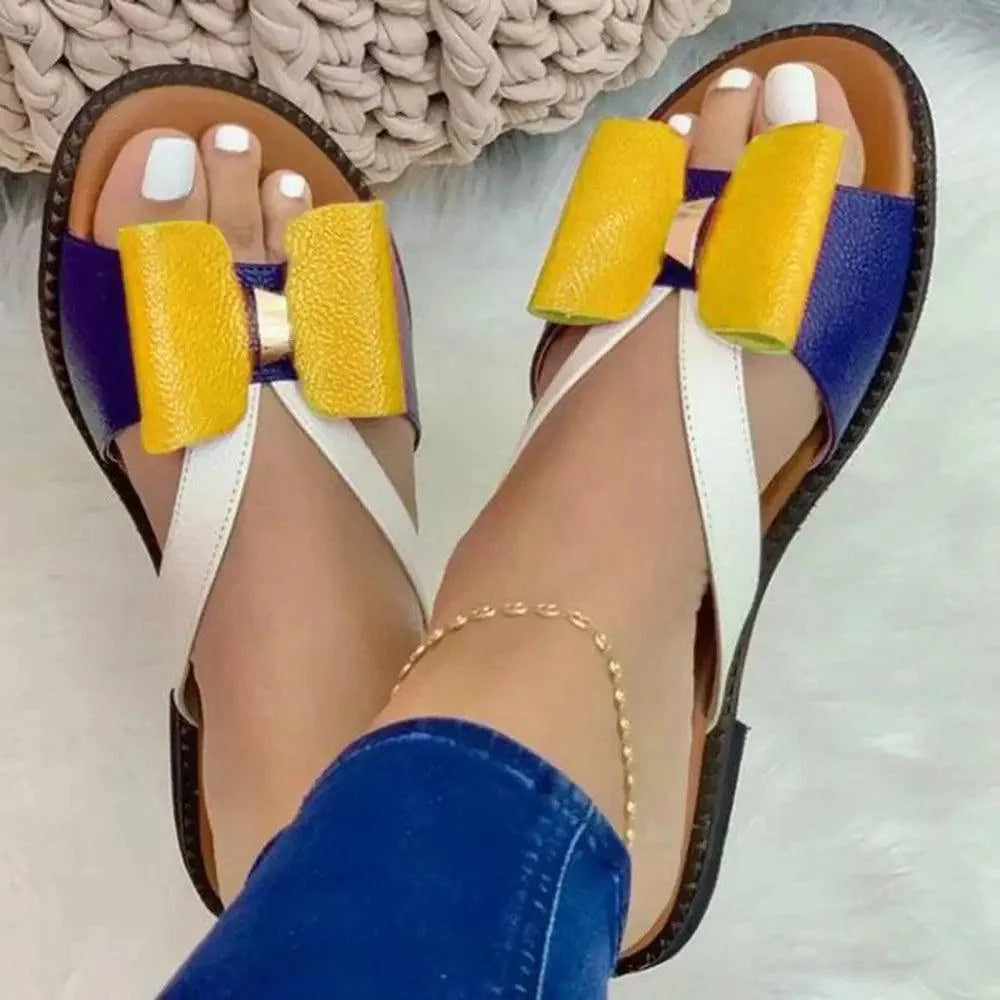 Stevvex Butterfly Sandals pair yellow bows white straps purple accents on Tampa Home & Garden Store on Tampa Home & Garden Store
