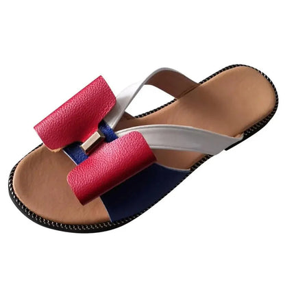 Stevvex Summer Butterfly Womens Sandals pink red straps with navy blue accent on tan footbed on Tampa Home & Garden Store