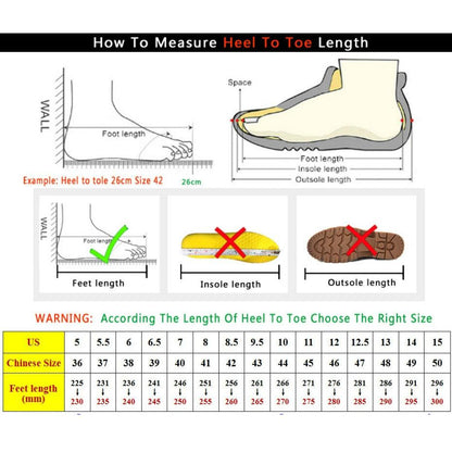 Stevvex sneakers size chart with heel-to-toe guide and US/Chinese size table on Tampa Home & Garden Store